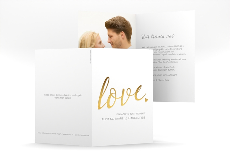 Einladungskarte Hochzeit Glam A6 Klappkarte hoch weiss hochglanz