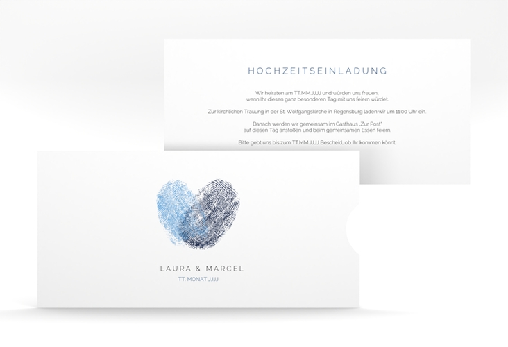 Hochzeitseinladung Fingerprint Einsteckkarte blau schlicht mit Fingerabdruck-Motiv
