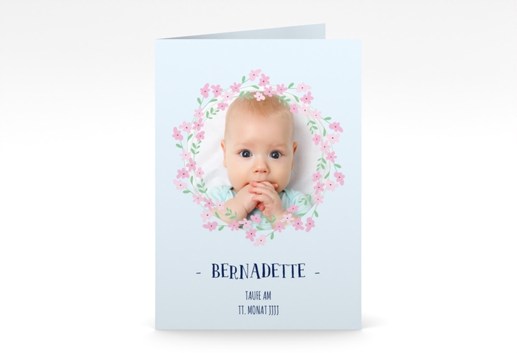 Einladungskarte Taufe Flowery A6 Klappkarte hoch blau hochglanz