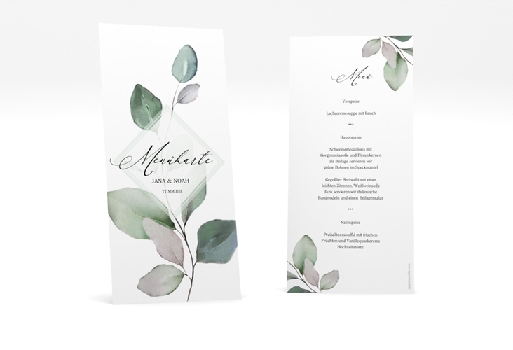 Menükarte Hochzeit Foglia lange Karte hoch edel mit Eukalyptus im Aquarell-Design