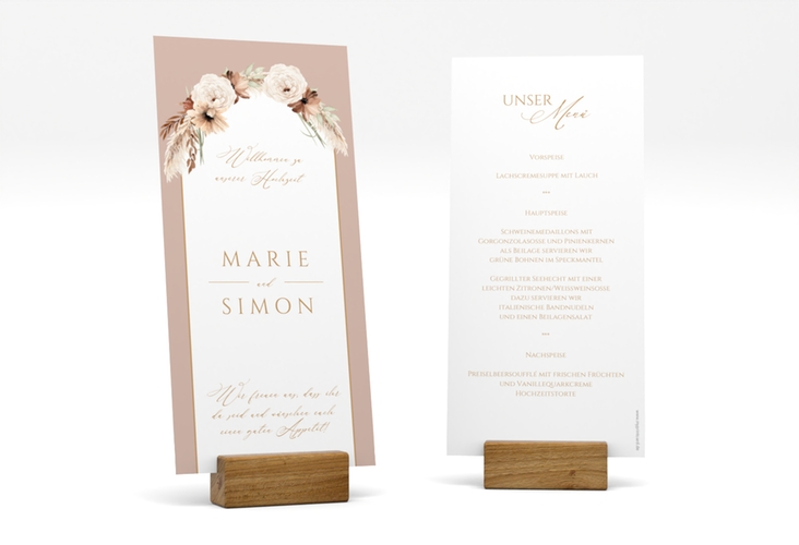 Menükarte Hochzeit Blumenbogen lange Karte hoch rosa hochglanz