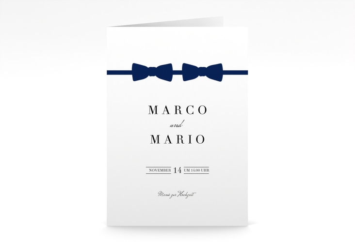Menükarte Hochzeit Suits A5 Klappkarte hoch blau hochglanz