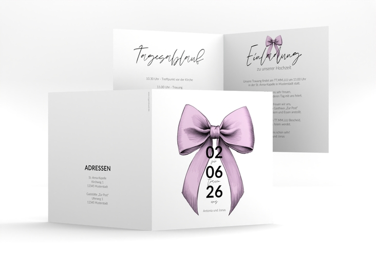 Hochzeitseinladung Schleife quadr. Klappkarte rosa hochglanz