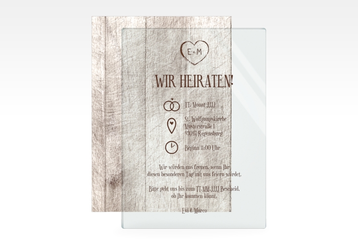 Acryl-Hochzeitseinladung Wood Acrylkarte + Deckblatt hoch weiss hochglanz