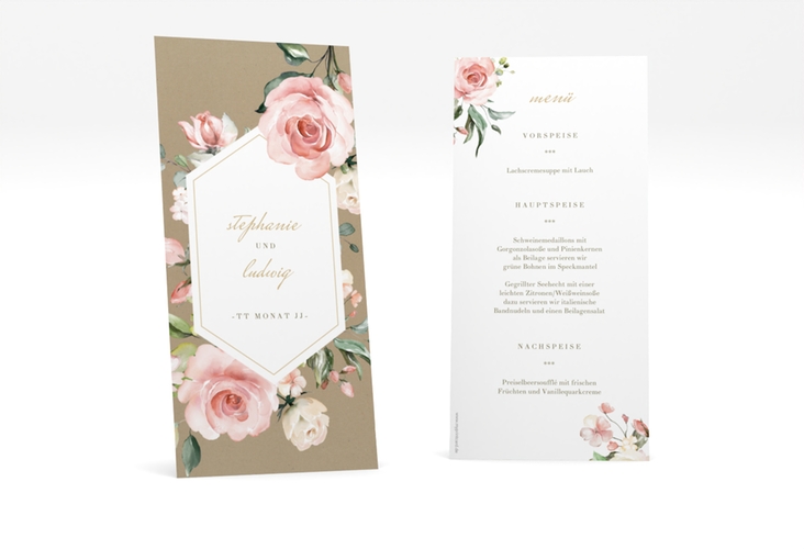 Menükarte Hochzeit Graceful lange Karte hoch Kraftpapier mit Rosenblüten in Rosa und Weiß