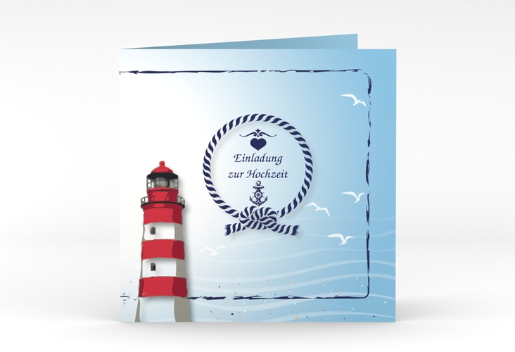Hochzeitseinladung Sylt quadr. Klappkarte blau mit Leuchtturm