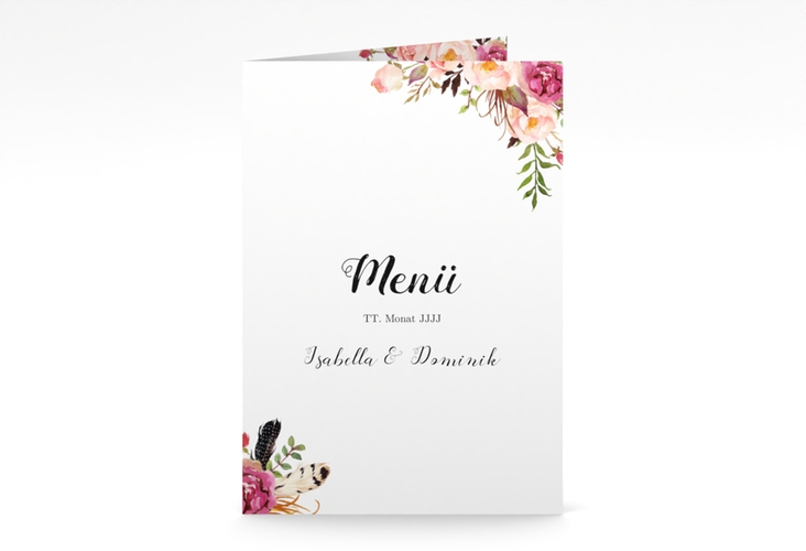 Menükarte Hochzeit Flowers A5 Klappkarte hoch weiss hochglanz mit bunten Aquarell-Blumen