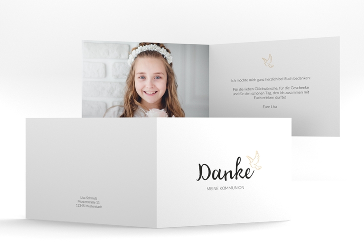 Dankeskarte Kommunion Spirit A6 Klappkarte quer beige hochglanz