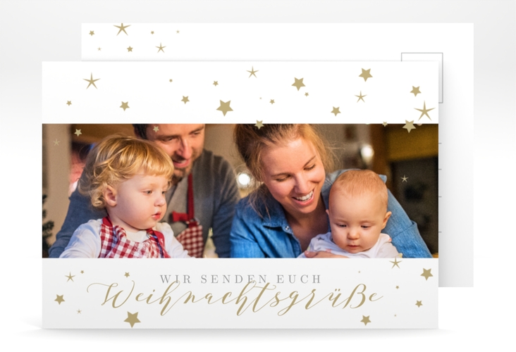 Weihnachtskarte Sternennacht A6 Postkarte weiss hochglanz für Weihnachtsgrüße mit Familienfoto