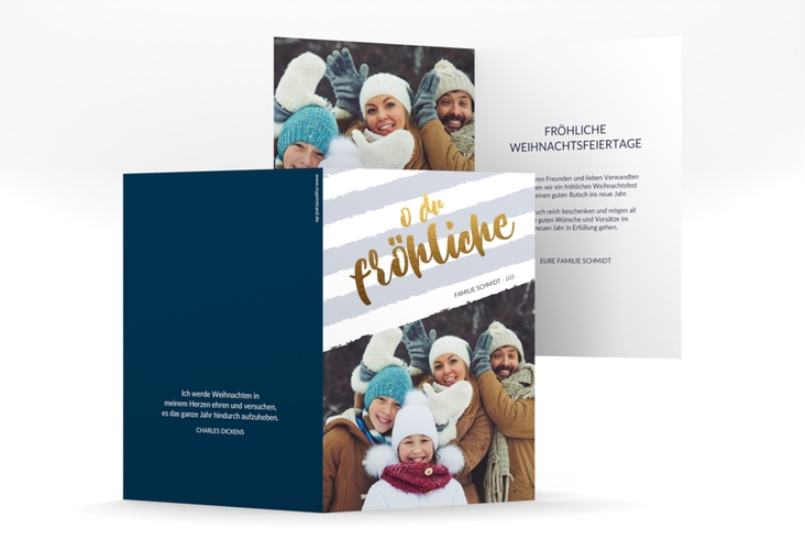 Weihnachtskarte Weihnachtslied A6 Klappkarte hoch blau gestreift mit Familienfoto