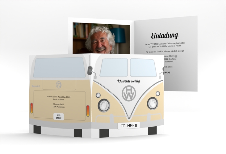 Einladung 70. Geburtstag Bulli Bus quadr. Klappkarte beige