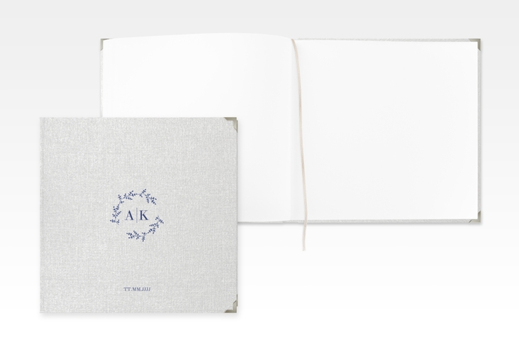 Gästebuch Selection Hochzeit Filigrana Leinen-Hardcover blau in reduziertem Design mit Initialen und zartem Blätterkranz