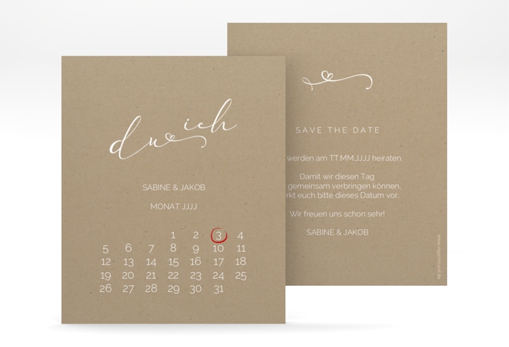 Save the Date-Kalenderblatt Zweisamkeit Kalenderblatt-Karte Kraftpapier im minimalistischen Stil mit Aufschrift du & ich