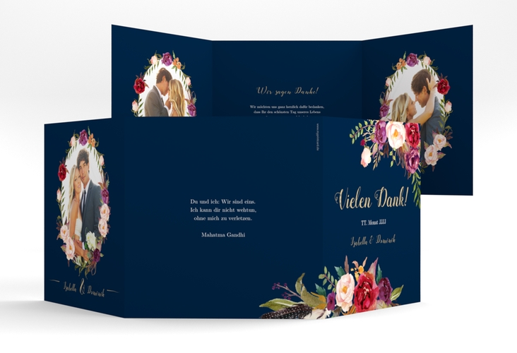 Dankeskarte Hochzeit Flowers quadr. Doppel-Klappkarte blau hochglanz mit bunten Aquarell-Blumen