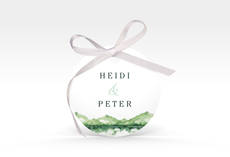 Geschenkanhänger Hochzeit Bergliebe Geschenkanhänger, rund gruen hochglanz mit Gebirgspanorama für Berghochzeit