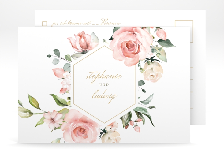 Antwortkarte Graceful A6 Postkarte weiss mit Rosenblüten in Rosa und Weiß