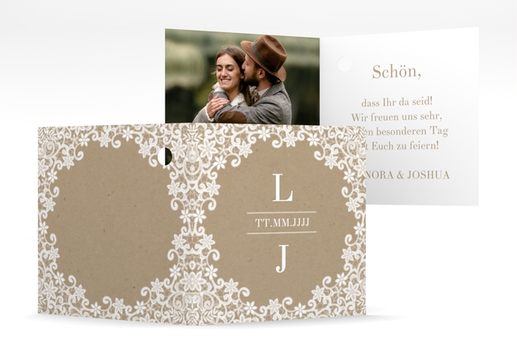 Geschenkanhänger Hochzeit Bella Geschenkanhänger 10er Set Kraftpapier hochglanz mit weißer Brautspitze um Initialen