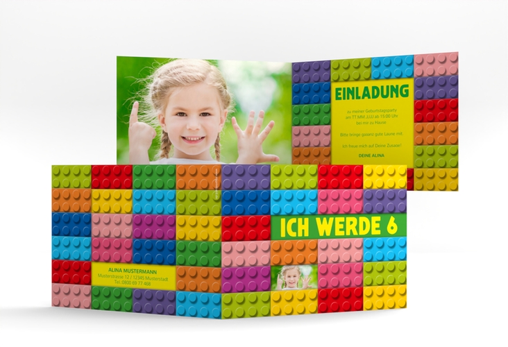 Einladungskarte Kindergeburtstag Bausteine A6 Klappkarte quer gruen