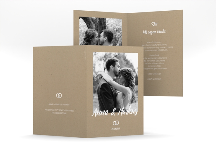 Dankeskarte Hochzeit Icons A6 Klappkarte hoch im Kraftpapier-Look mit Foto