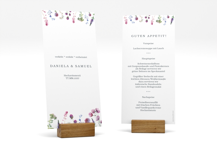 Menükarte Hochzeit Wildblumen lange Karte hoch weiss