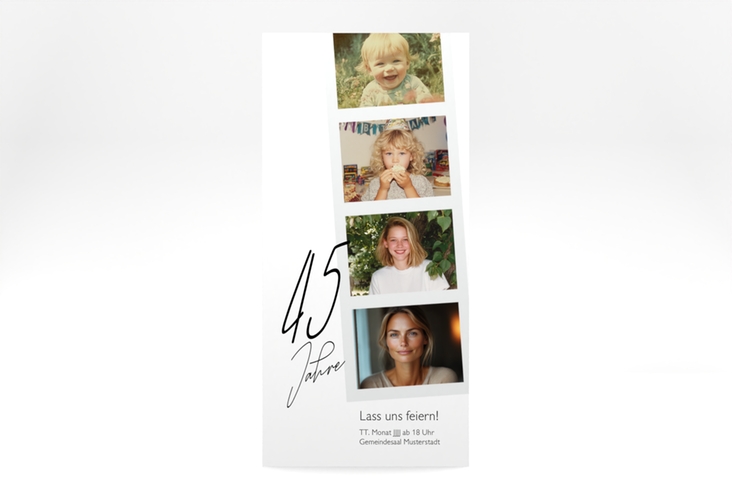 Einladung Geburtstag Fotostreifen lange Karte hoch weiss