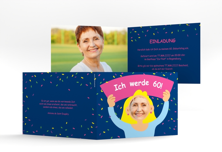 Einladung 60. Geburtstag Comic Woman A6 Klappkarte quer blau
