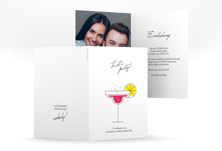 Party Einladungskarte Drink A6 Klappkarte hoch pink hochglanz