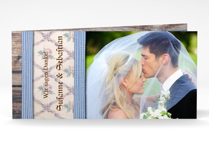 Danksagungskarte Hochzeit Bayern lange Klappkarte quer blau hochglanz mit Edelweiß in rustikaler Holz-Optik