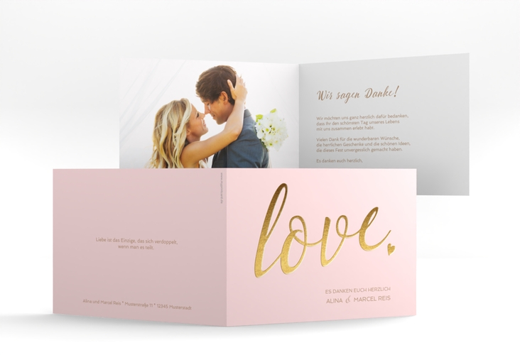 Danksagungskarte Hochzeit Glam A6 Klappkarte quer rosa hochglanz