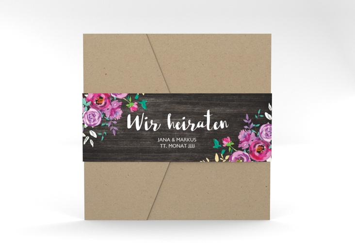 Hochzeitseinladung Flourish Pocketfold schwarz mit floraler Bauernmalerei auf Holz
