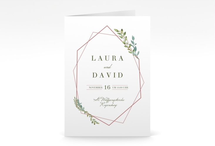 Einladungskarte Hochzeit Herbarium A6 Klappkarte hoch rosa hochglanz mit geometrischem Rahmen und Blätter-Dekor