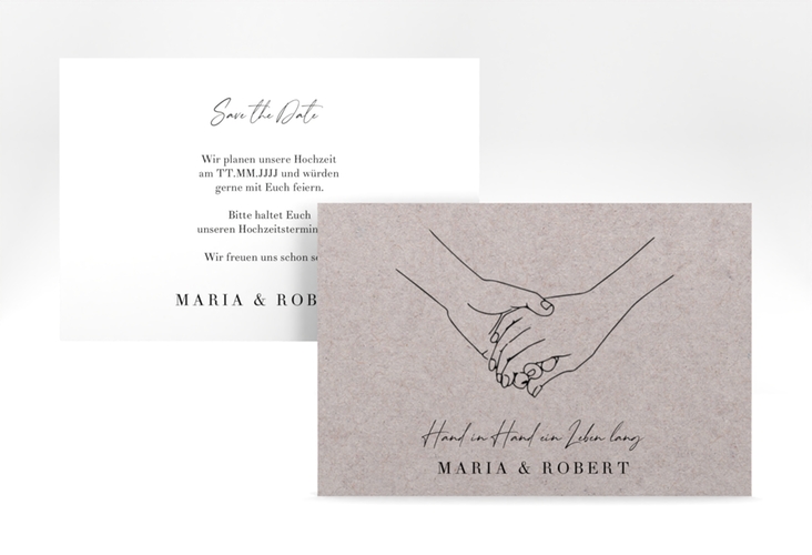 Save the Date-Karte Hands A6 Karte quer Kraftpapier mit sich haltenden Händen im Monoline-Stil