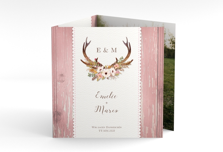 Dankeskarte Hochzeit Heimatjuwel quadr. Doppel-Klappkarte rosa hochglanz mit Hirschgeweih und Holz-Hintergrund