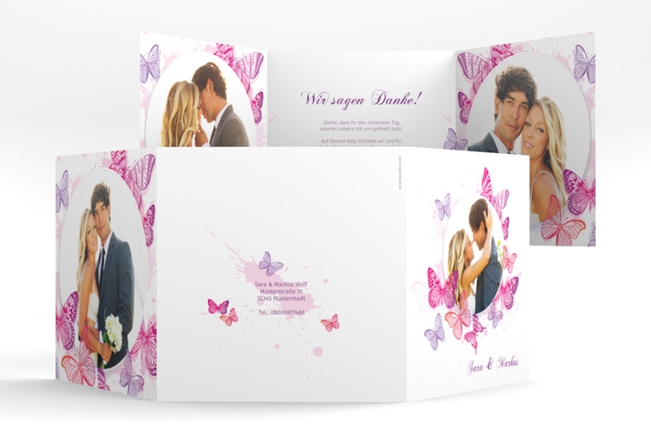 Dankeskarte Hochzeit "Schmetterlinge" Quadr. Karte doppelt pink