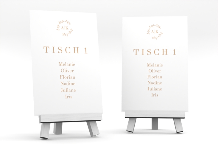Tischaufsteller Hochzeit Filigrana Tischaufsteller beige in reduziertem Design mit Initialen und zartem Blätterkranz