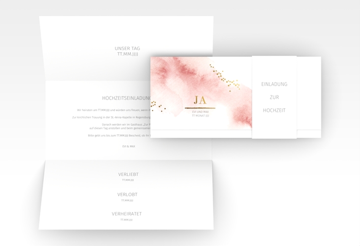 Hochzeitseinladung Pastell Wickelfalzkarte + Banderole rosa