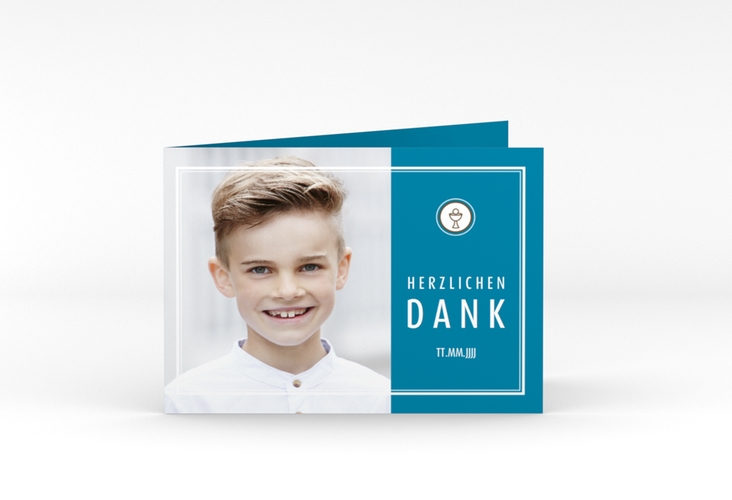 Danksagung Kommunion Calix A6 Klappkarte quer blau