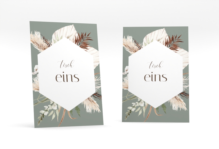 Tischnummer Hochzeit Bohemian Tischaufsteller gruen hochglanz