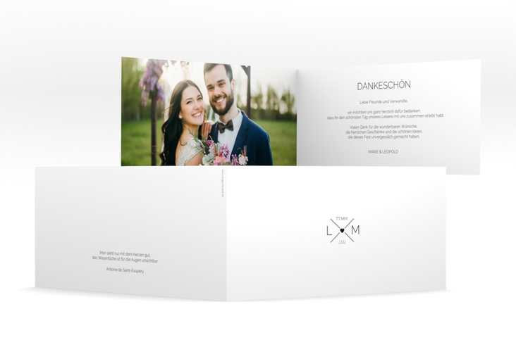 Dankeskarte Hochzeit Initials lange Klappkarte quer mit Initialen im minimalistischen Design