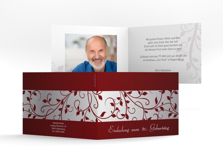 Einladung 80. Geburtstag Hermann/Hermine A6 Klappkarte quer rot