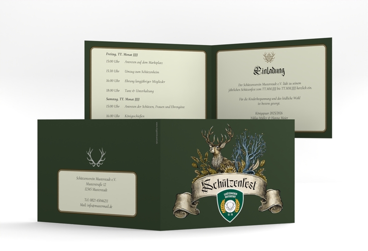Partyeinladung Schützenfest A6 Klappkarte quer gruen mit Hirsch und Vereins-Logo