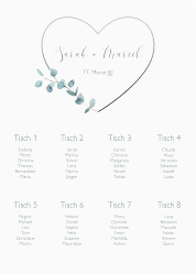 Klick: Details zu Sitzplan Poster Hochzeit "Greenheart" anzeigen Sitzplan Poster Hochzeit Greenheart 50 x 70 cm Poster grau mit elegantem Herz und Eukalyptus-Zweig