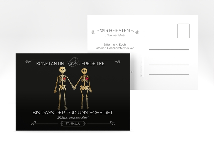 Save the Date-Postkarte Bones A6 Postkarte schwarz hochglanz witzig mit Skelett-Brautpaar