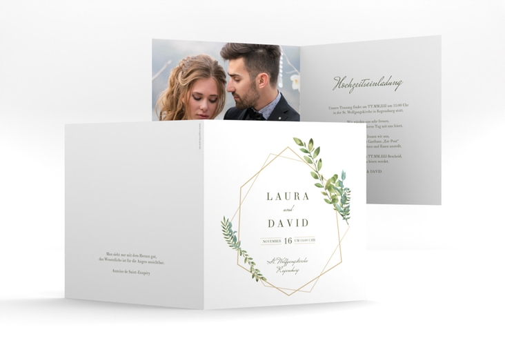 Hochzeitseinladung Herbarium quadr. Klappkarte hochglanz mit geometrischem Rahmen und Blätter-Dekor