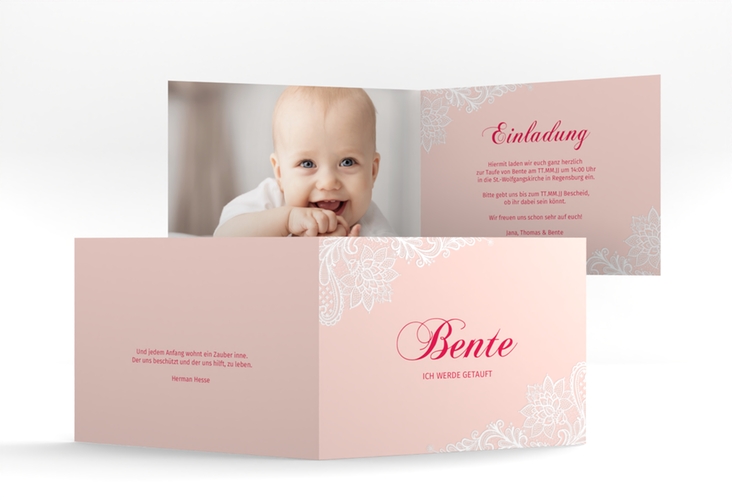 Einladung Taufe Destiny A6 Klappkarte quer rosa hochglanz