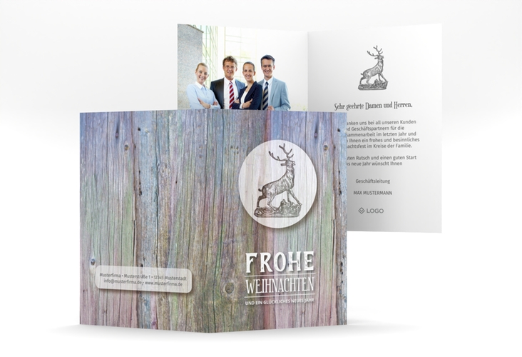 Geschäftliche Weihnachtskarte Rustikal A6 Klappkarte hoch grau in Holz-Optik mit Hirsch