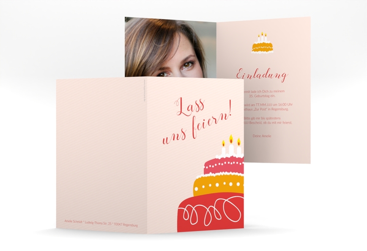 Einladung Geburtstag Cake A6 Klappkarte hoch rot hochglanz