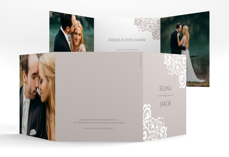 Dankeskarte Hochzeit Vintage quadr. Doppel-Klappkarte grau hochglanz mit floraler Spitze
