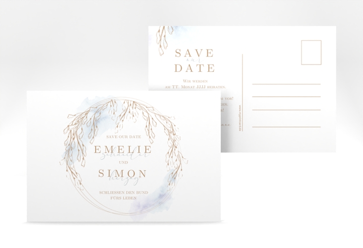 Save the Date-Postkarte Wisteria A6 Postkarte blau mit Blumenbogen aus Blauregen