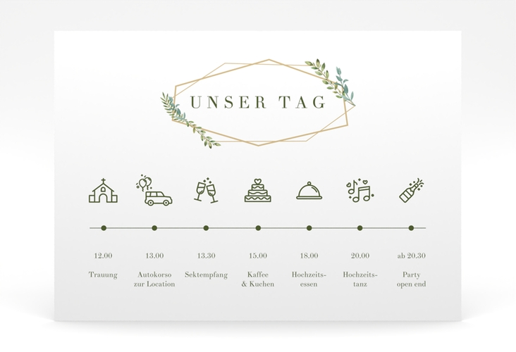 Tagesablauf Poster Hochzeit Herbarium 70 x 50 cm Poster gold mit geometrischem Rahmen und Blätter-Dekor